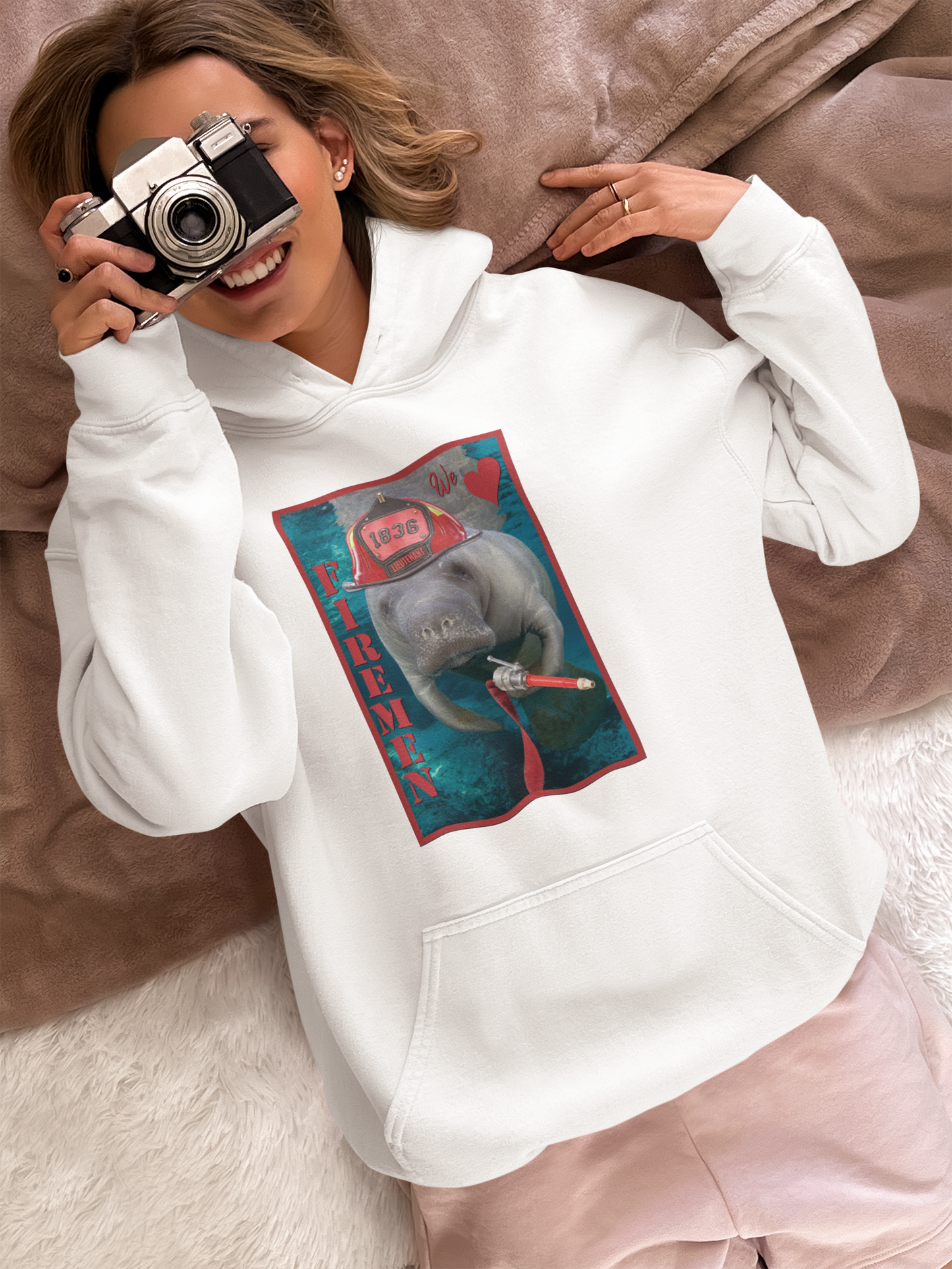 Fireman Manatee Hoodie, model with camera