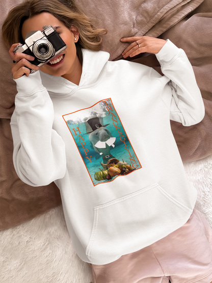 Happy Thanksgiving Manatee Hoodie, model with camera