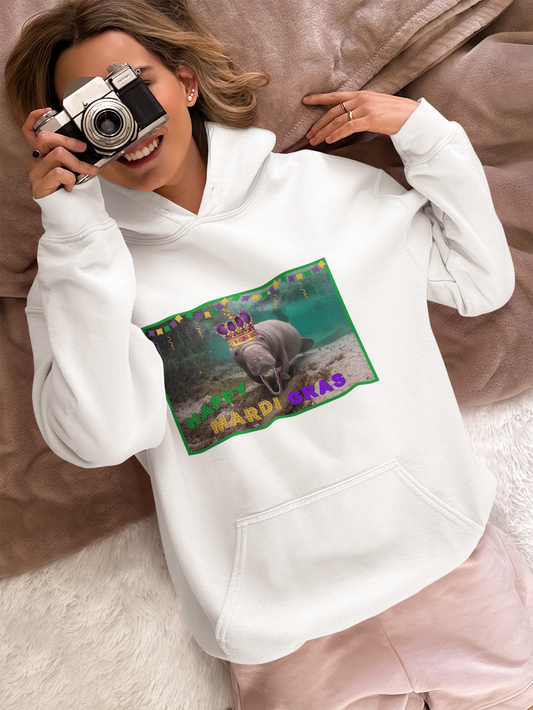 Happy Mardi Gras Manatee Hoodie, Model with camera