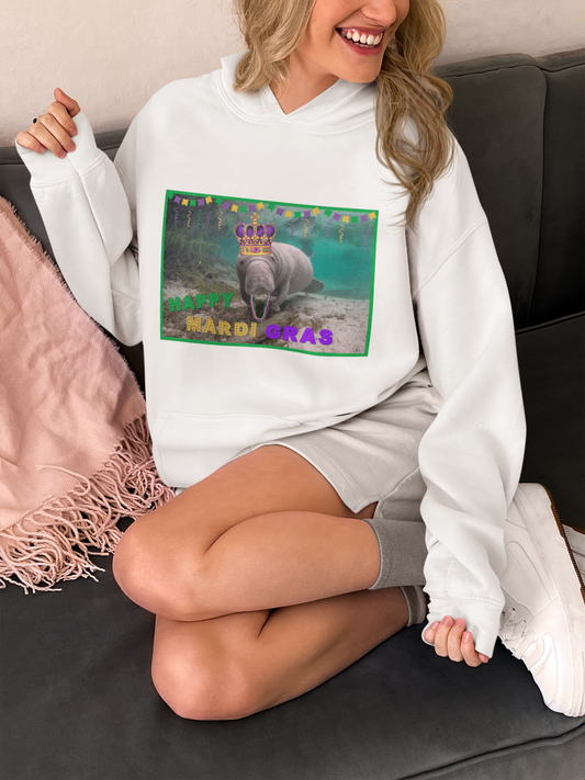 Happy Mardi Gras Manatee Hoodie, model sitting