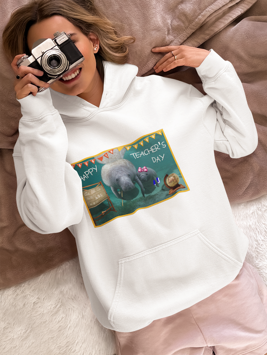 Happy Teacher's Day Manatee Hoodie, model with camera