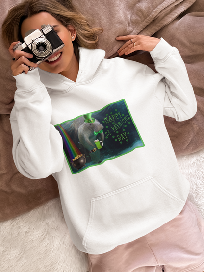 Happy St. Patrick's Day Manatee Hoodie, model with camera 