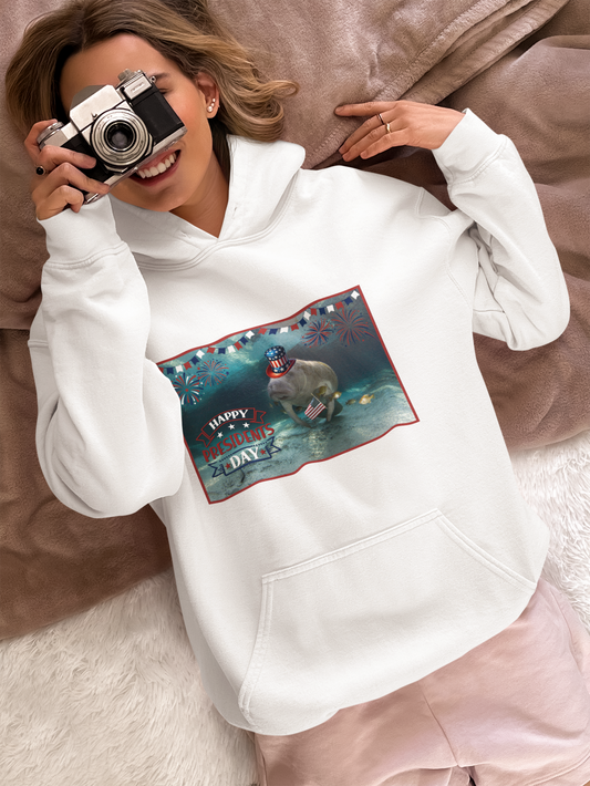 Happy Presidents Day Manatee Hoodie, model with camera