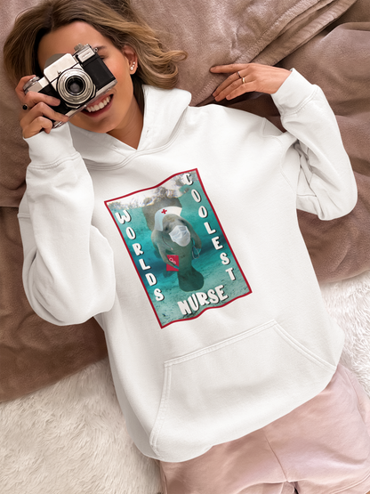 World's Coolest Nurse Manatee Hoodie, model with camera