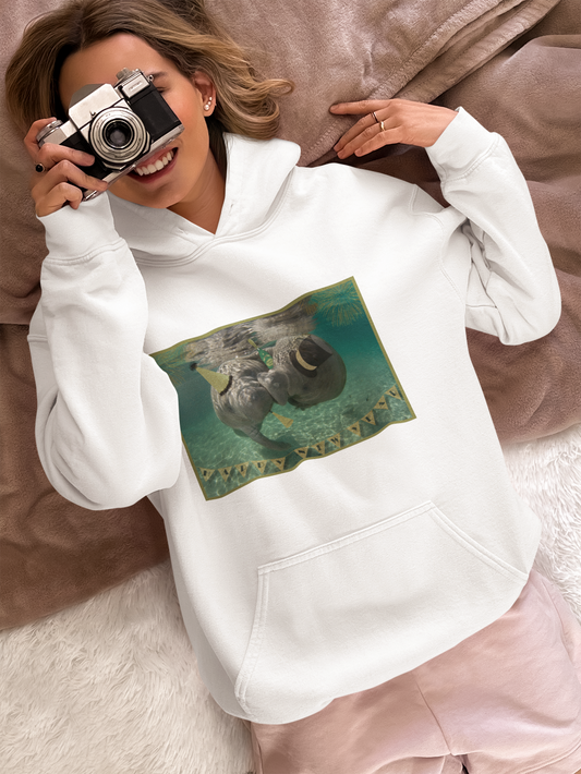 Happy New Years Manatee Hoodie, model with camera
