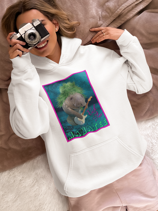 Rock Star Manatee Hoodie, model with camera