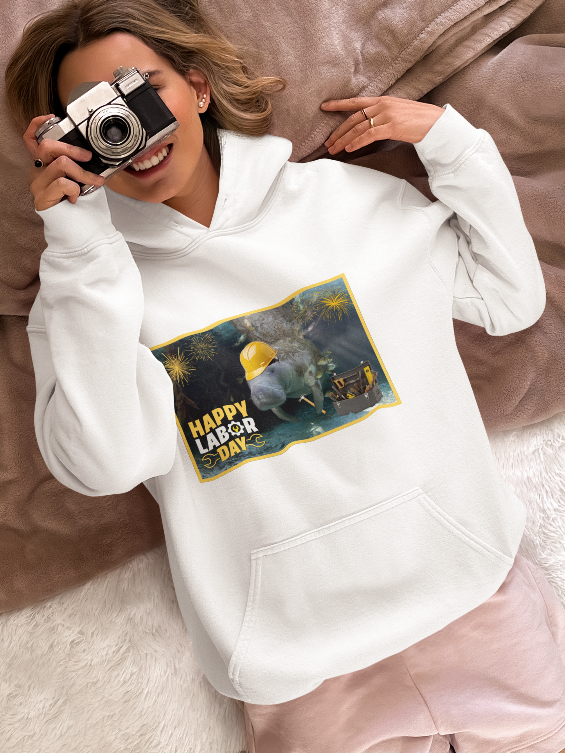 Happy Labor Day Manatee Hoodie, model with camera