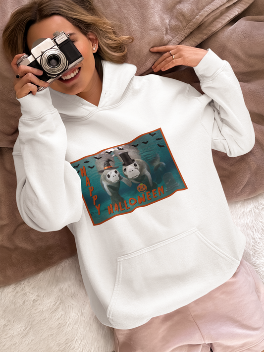 Happy Halloween Manatee Hoodie, model with camera