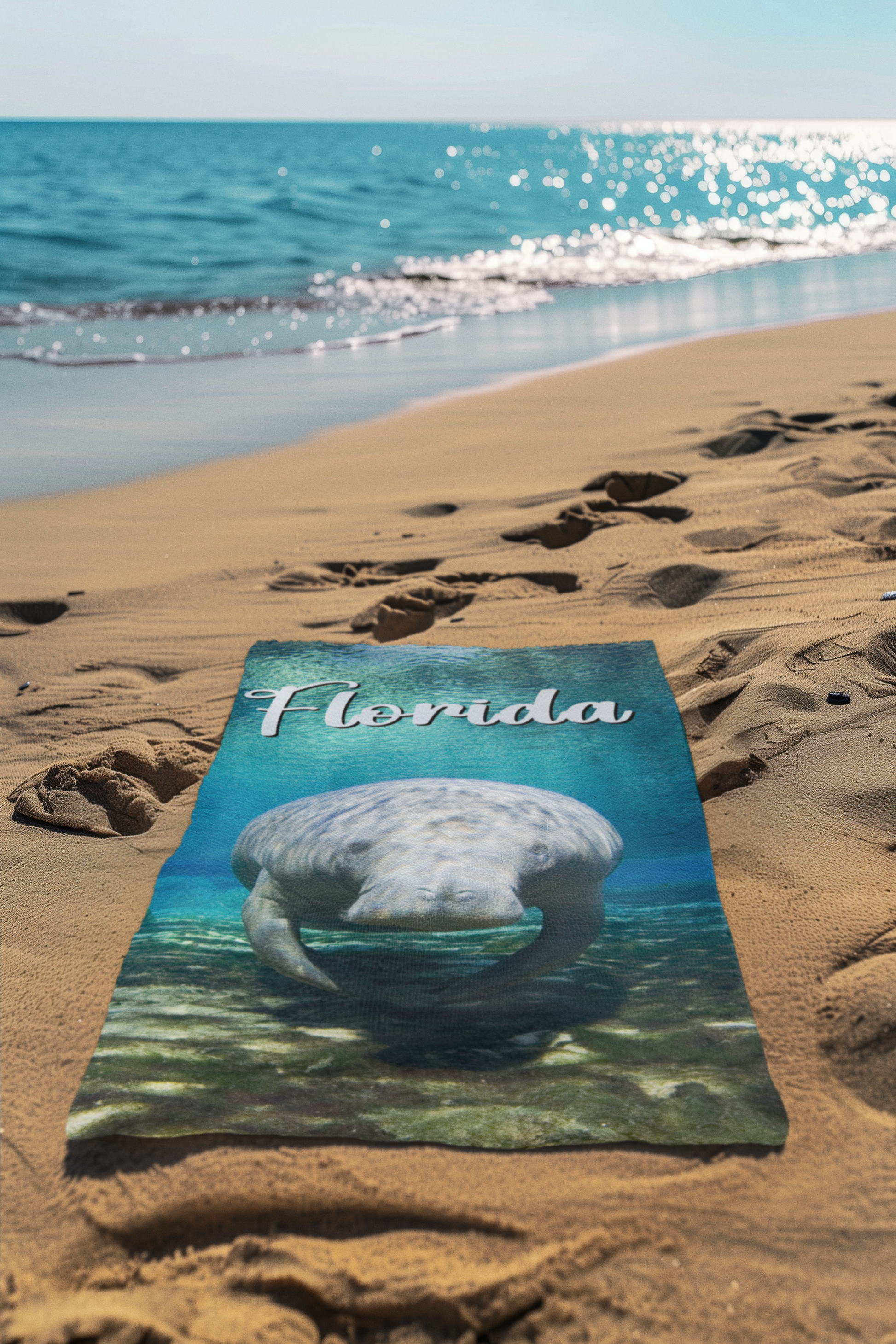 Gorgeous Manatee Beach Towel, beach towel on sand