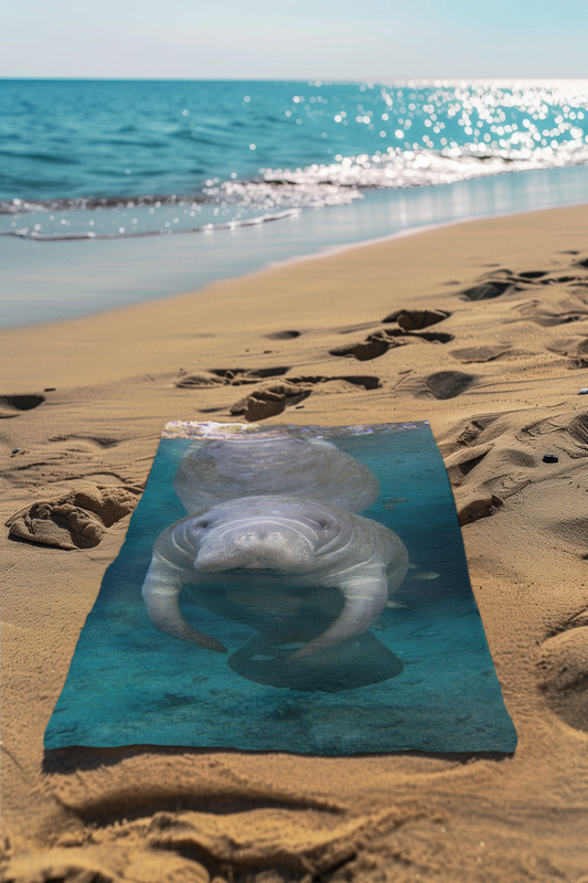 Serene Manatee Beach Towel, beach towel on sand