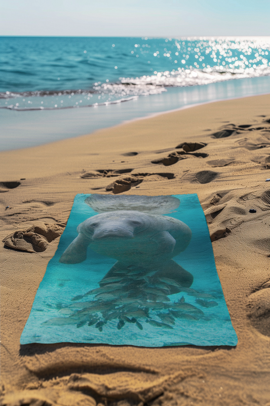Manatee and Fish Beach Towel, beach towel on sand