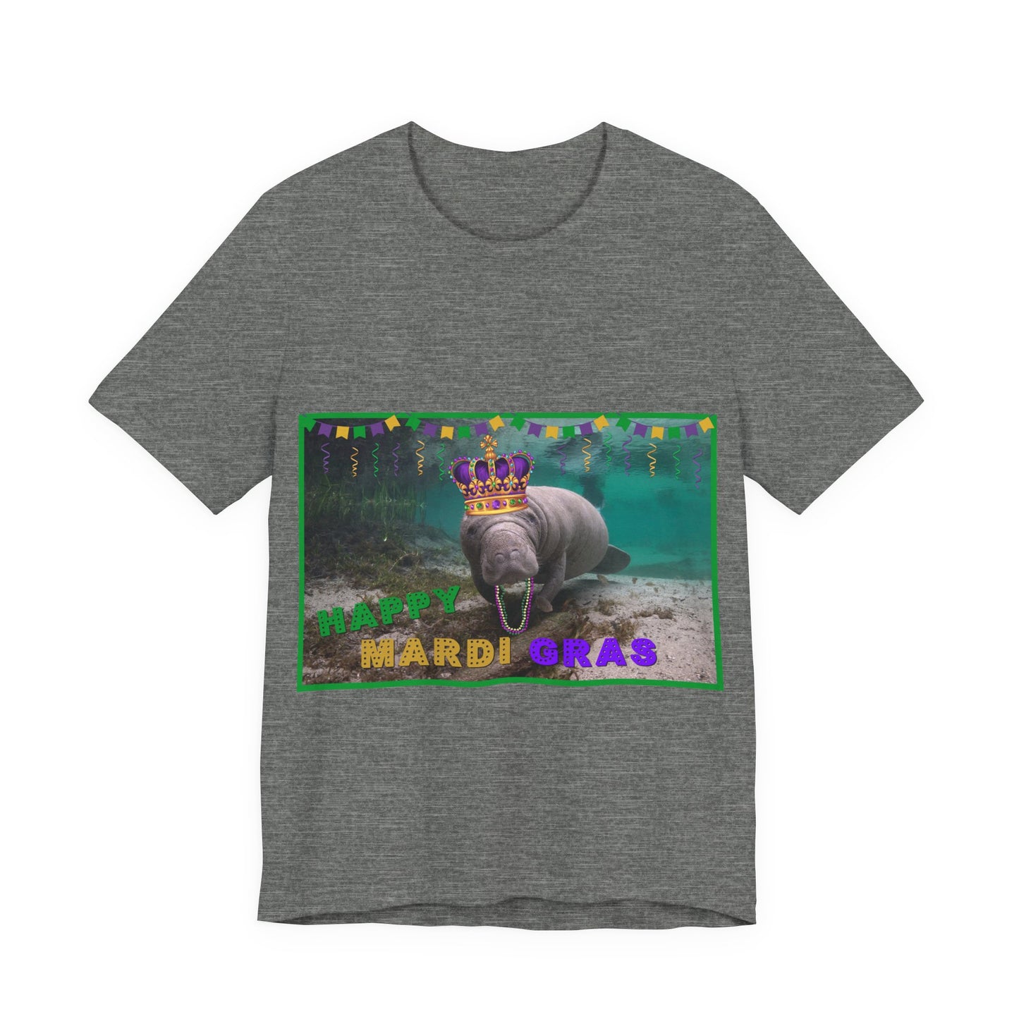 Happy Mardi Gras Manatee Tee, grey t-shirt