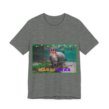 Happy Mardi Gras Manatee Tee, grey t-shirt