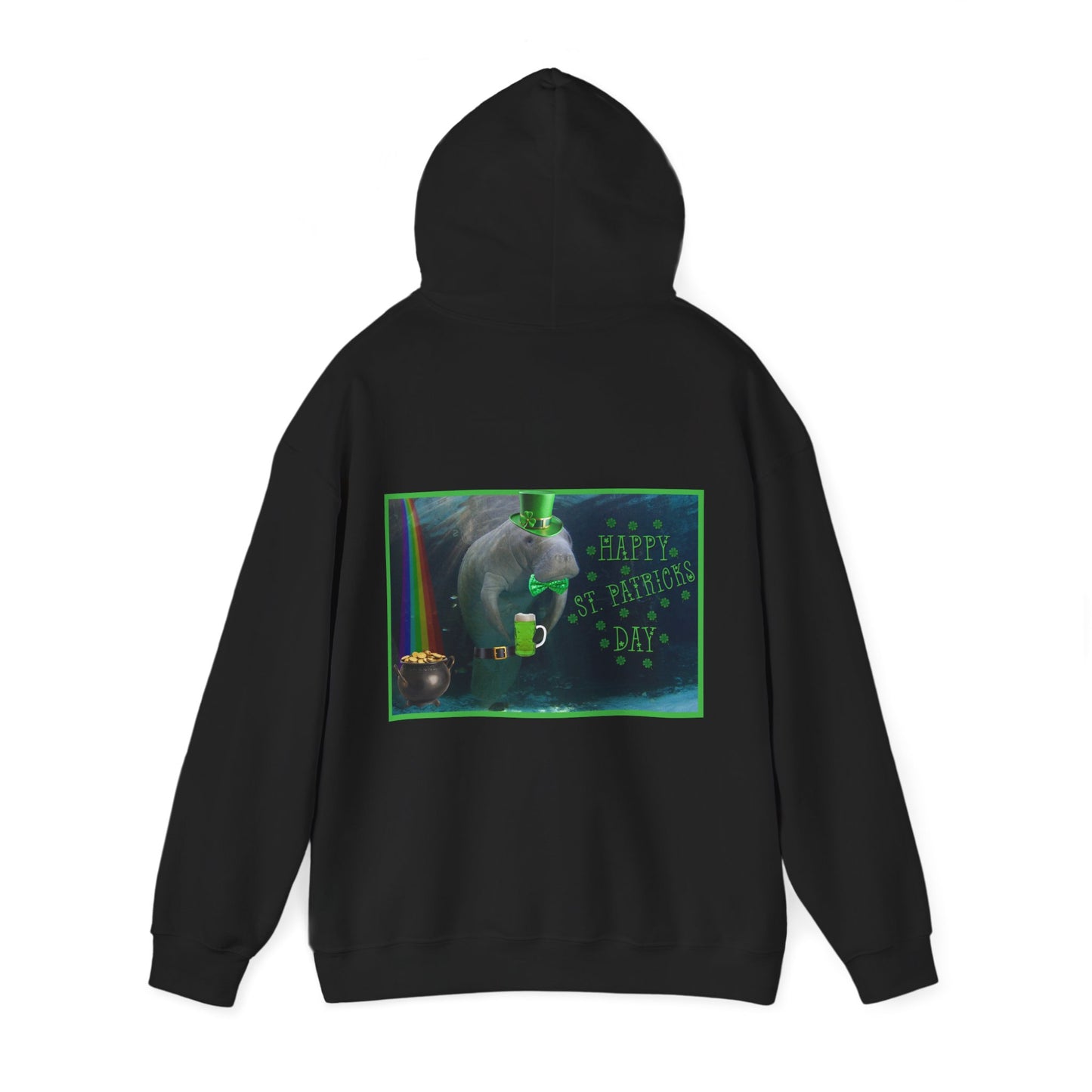 Happy St. Patrick's Day Manatee Hoodie, black hoodie back