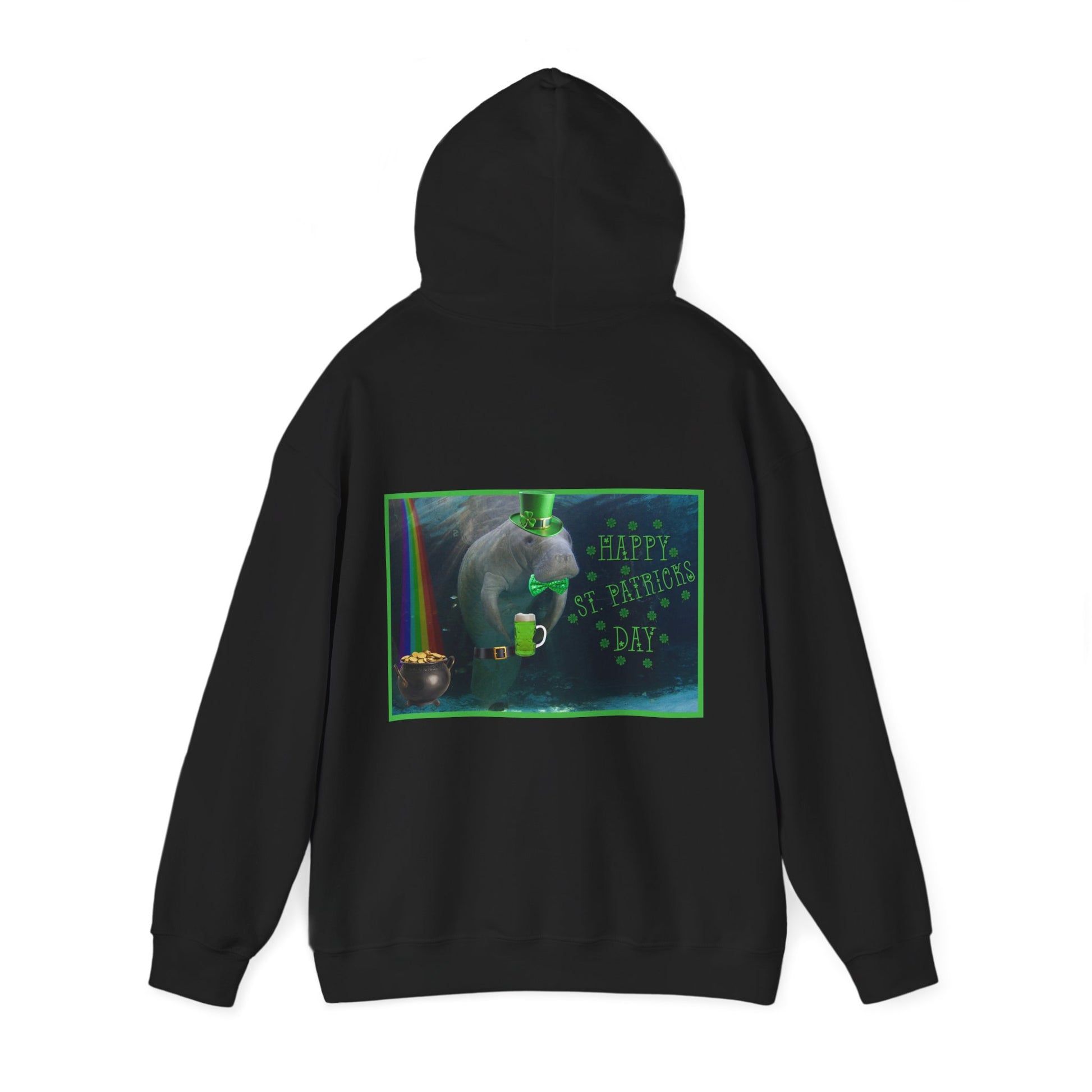 Happy St. Patrick's Day Manatee Hoodie, black hoodie back