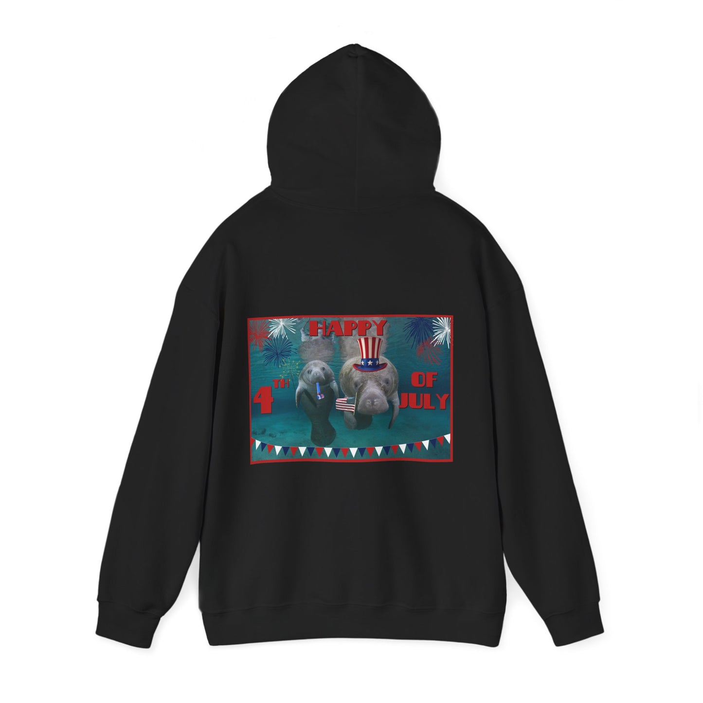 Happy 4th of July Manatee Hoodie, black hoodie back
