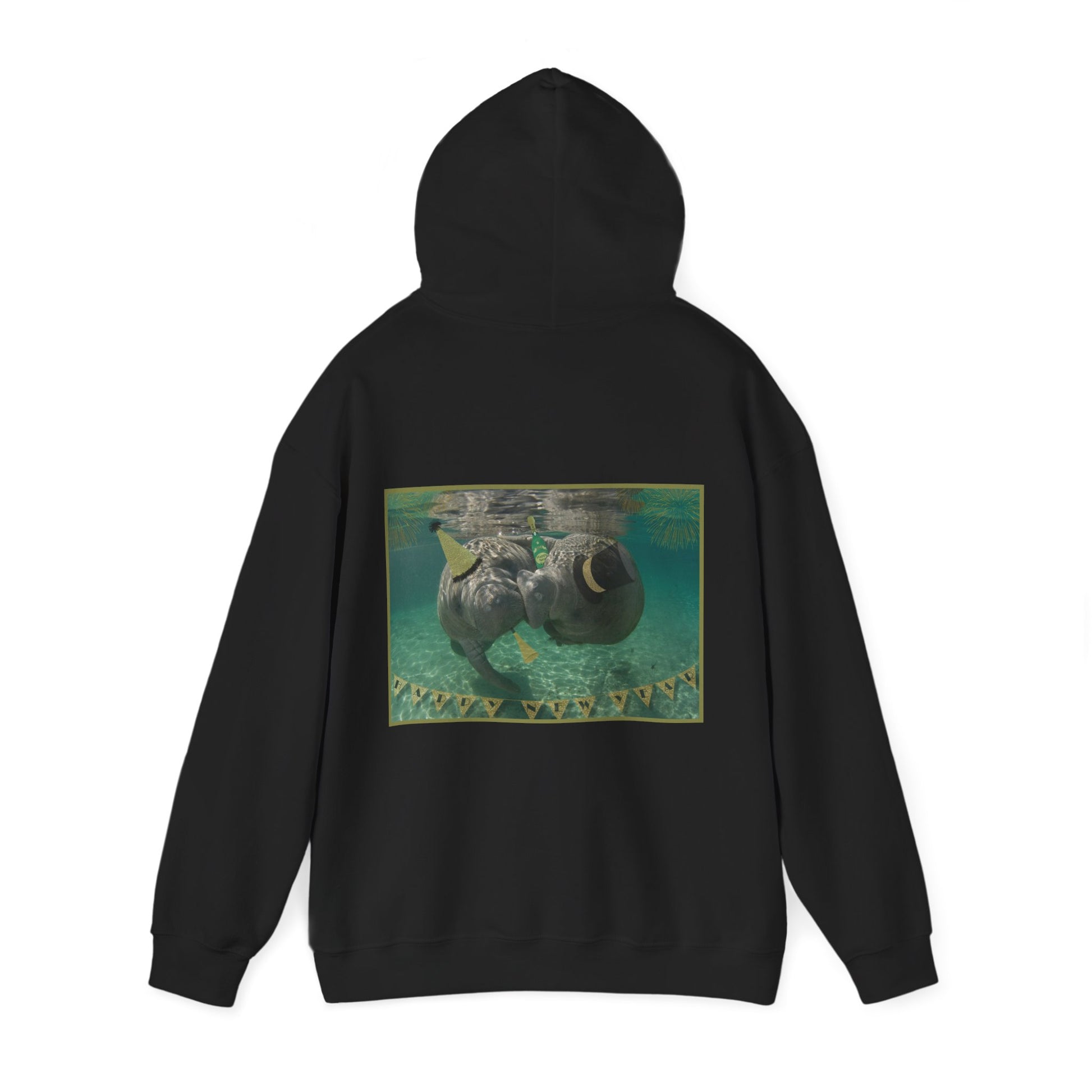 Happy New Years Manatee Hoodie, black hoodie back