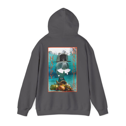 Happy Thanksgiving Manatee Hoodie, dark grey hoodie back