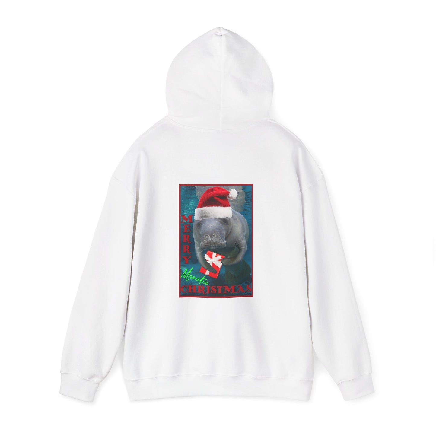 Merry Christmas Manatee Hoodie, white hoodie back