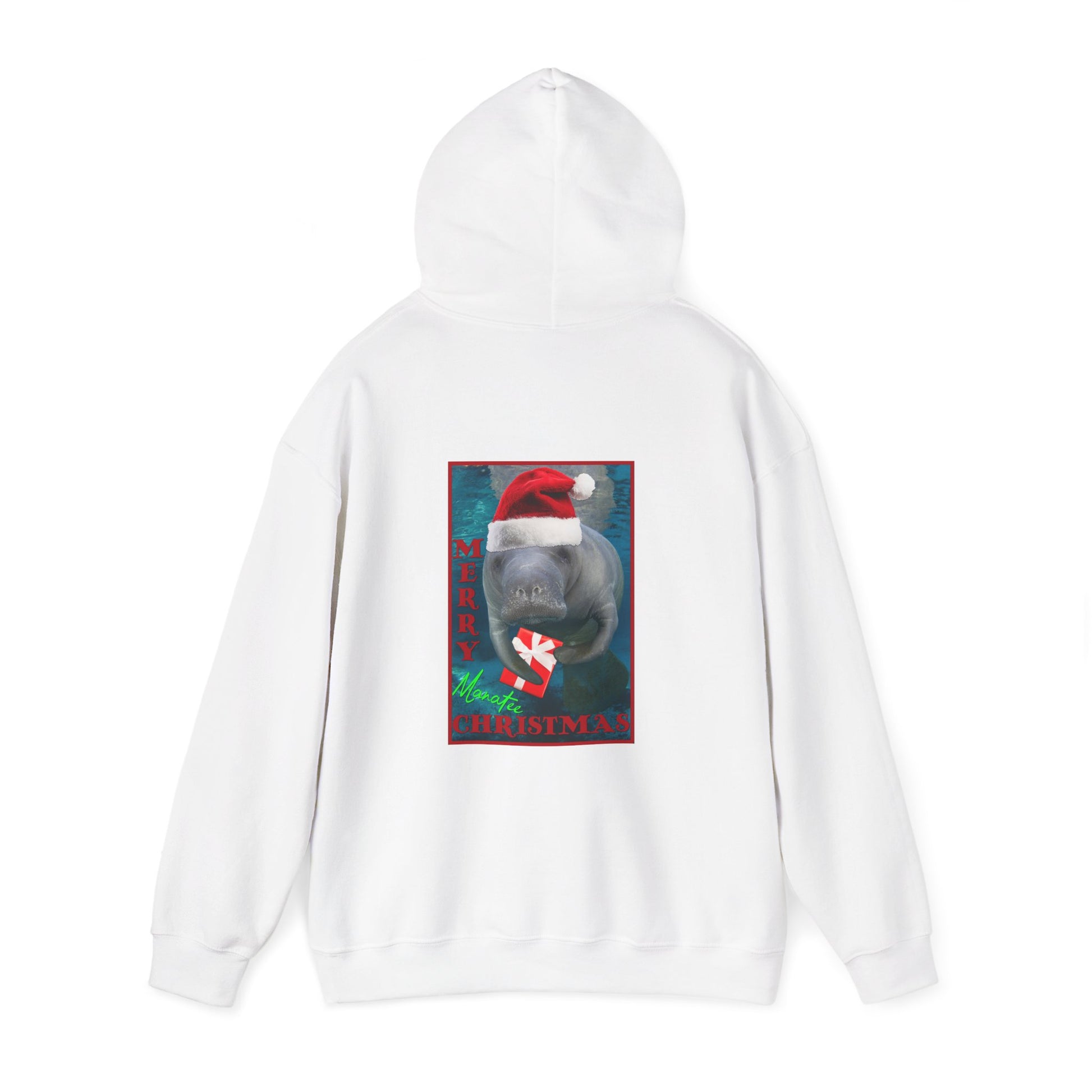 Merry Christmas Manatee Hoodie, white hoodie back