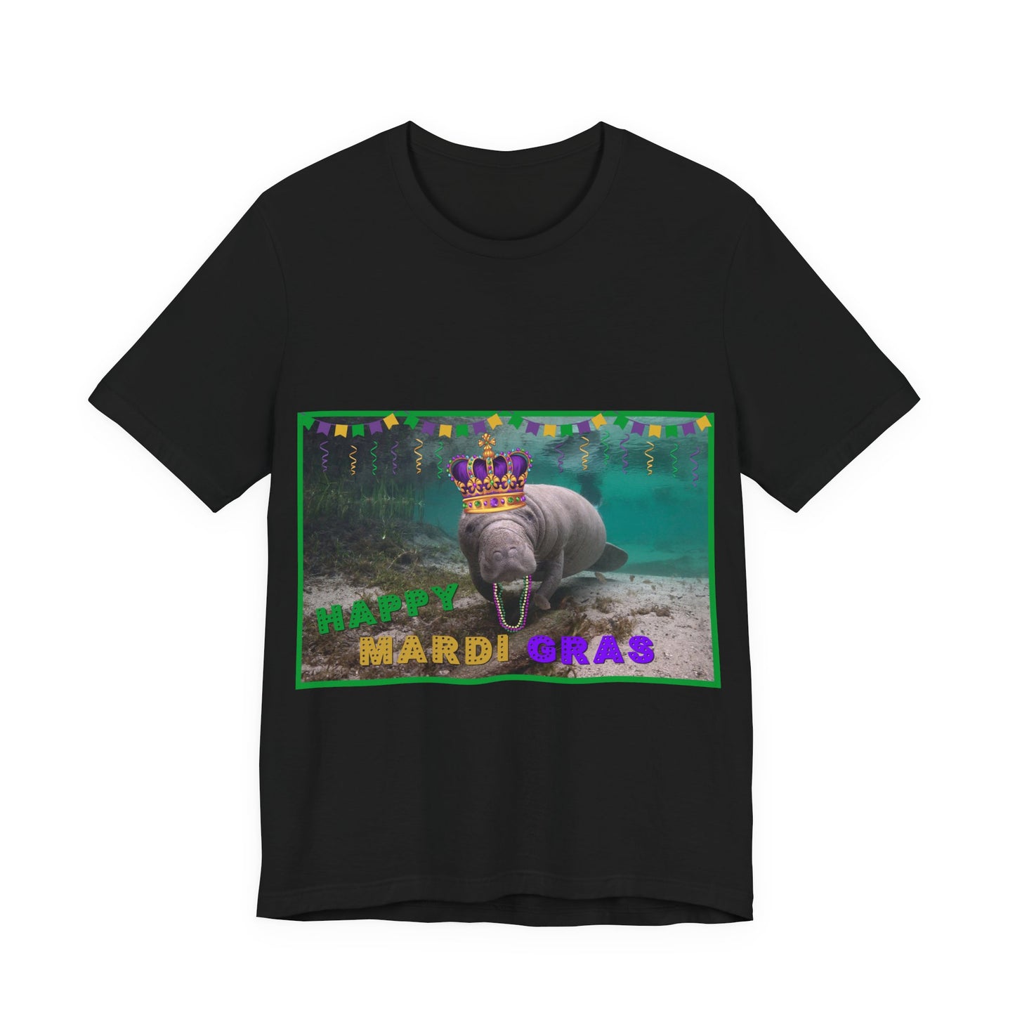 Happy Mardi Gras Manatee Tee, black t-shirt