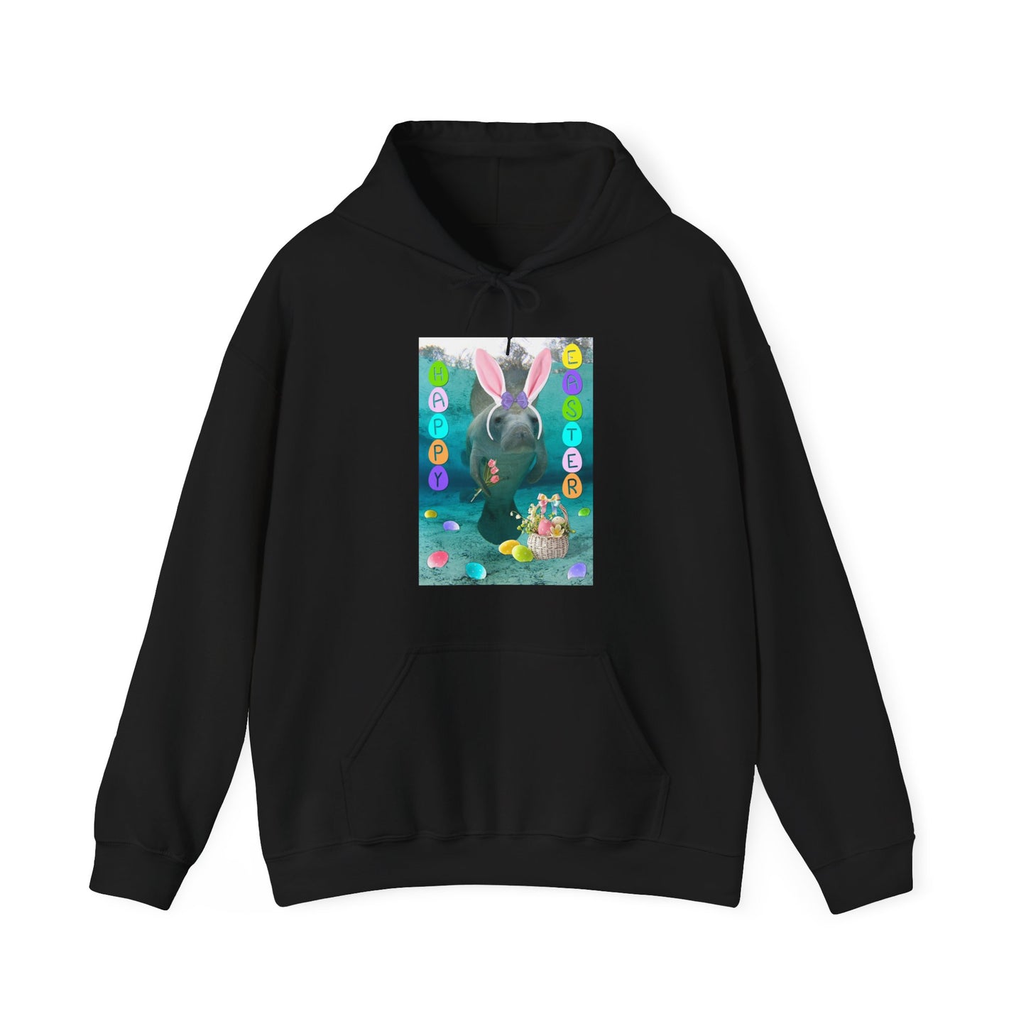 Happy Easter Manatee Hoodie, black hoodie front