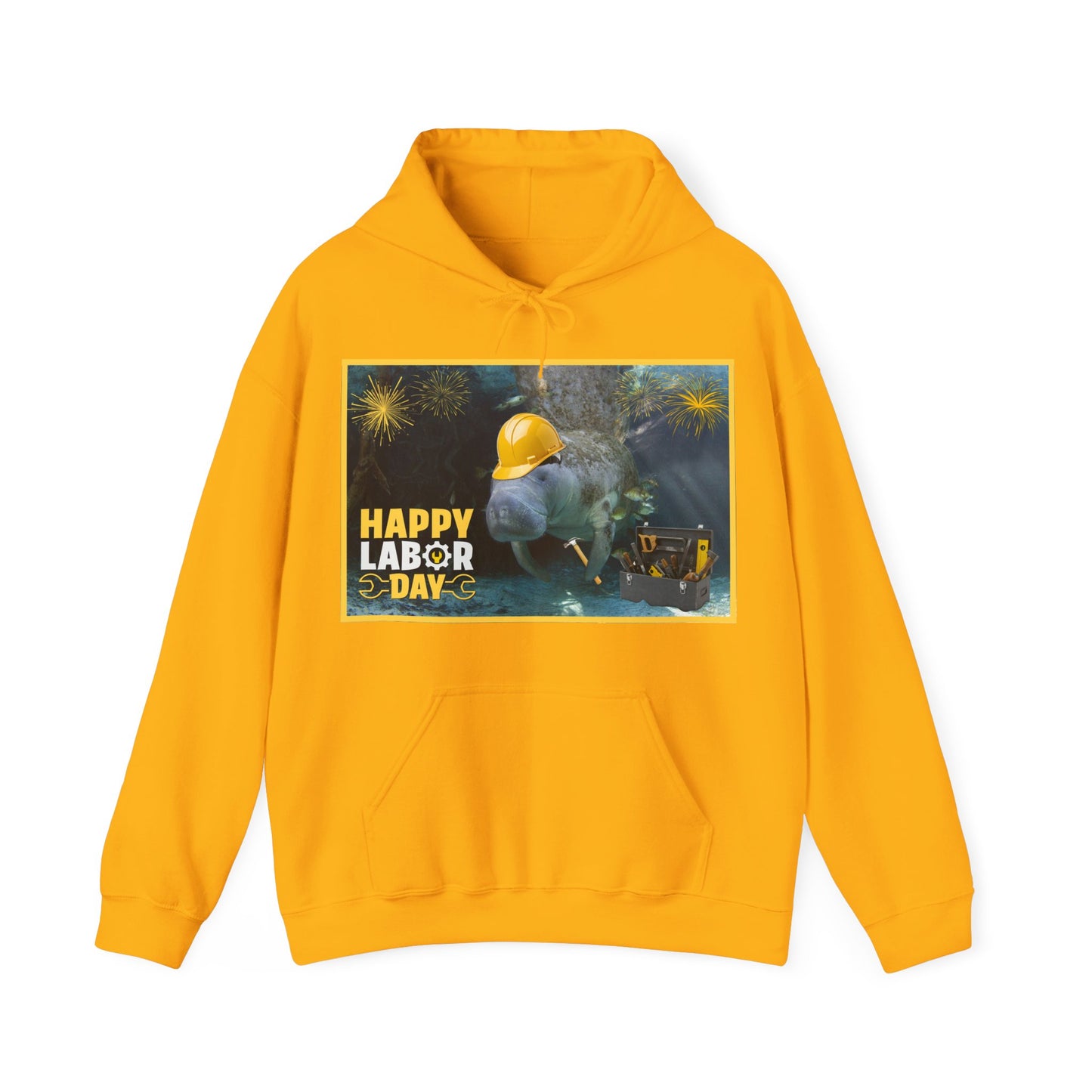 Happy Labor Day Manatee Hoodie, gold hoodie front