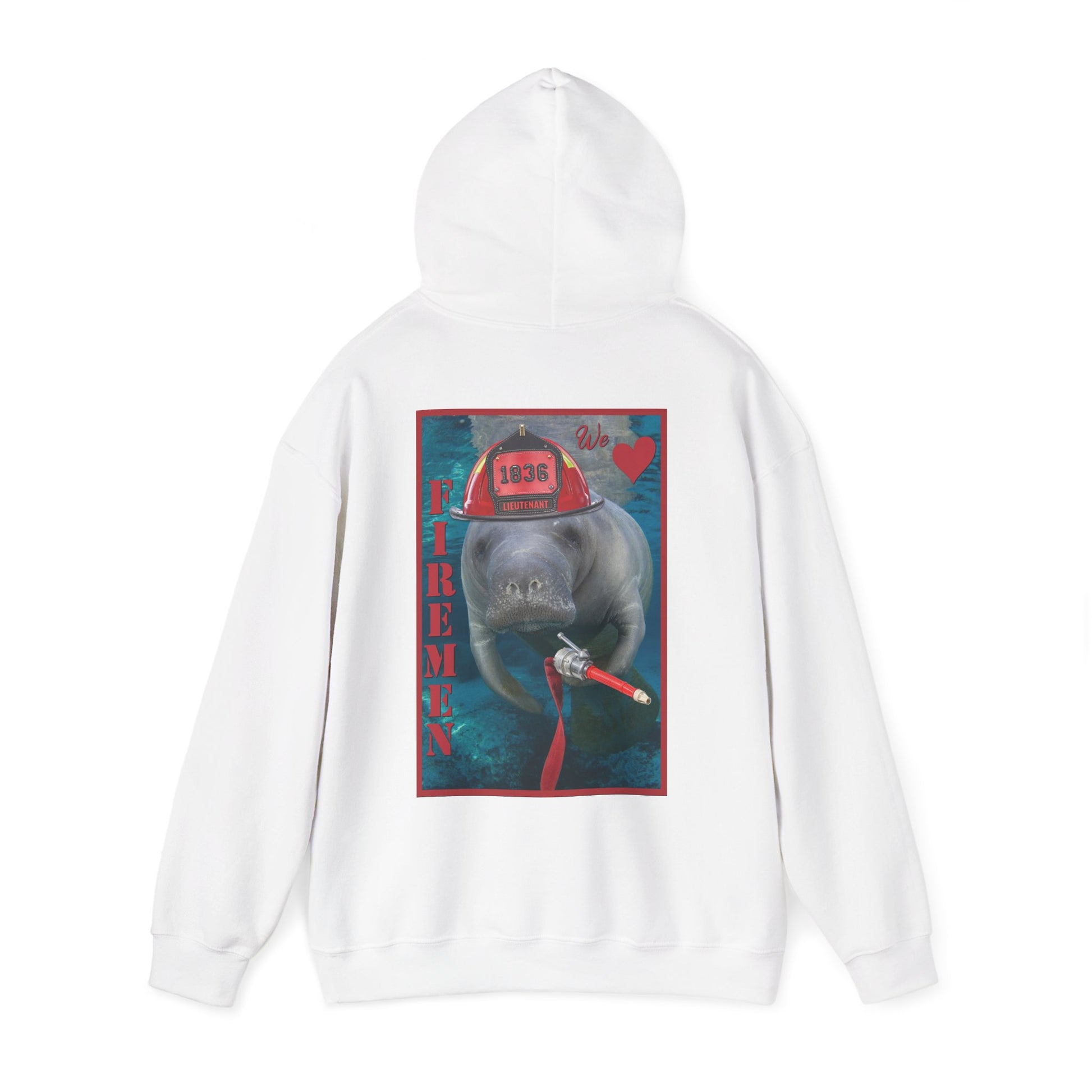 Fireman Manatee Hoodie, white hoodie back