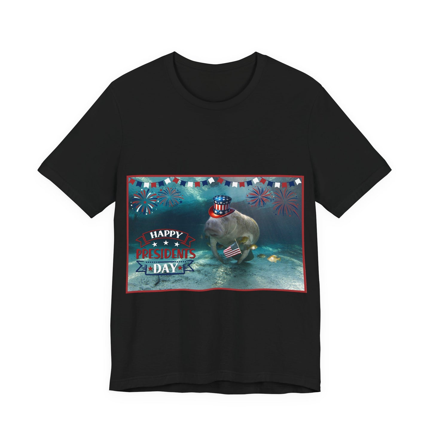 Happy Presidents' Day Manatee Tee, black t-shirt