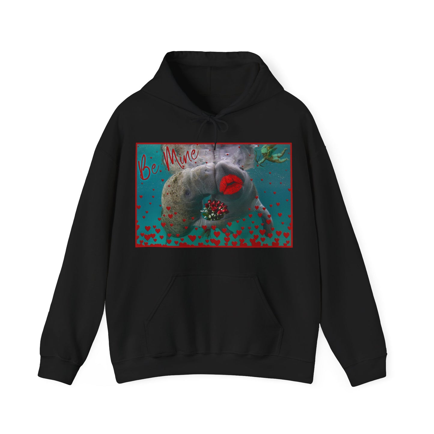 Happy Valentines Day Manatee Hoodie, black hoodie front