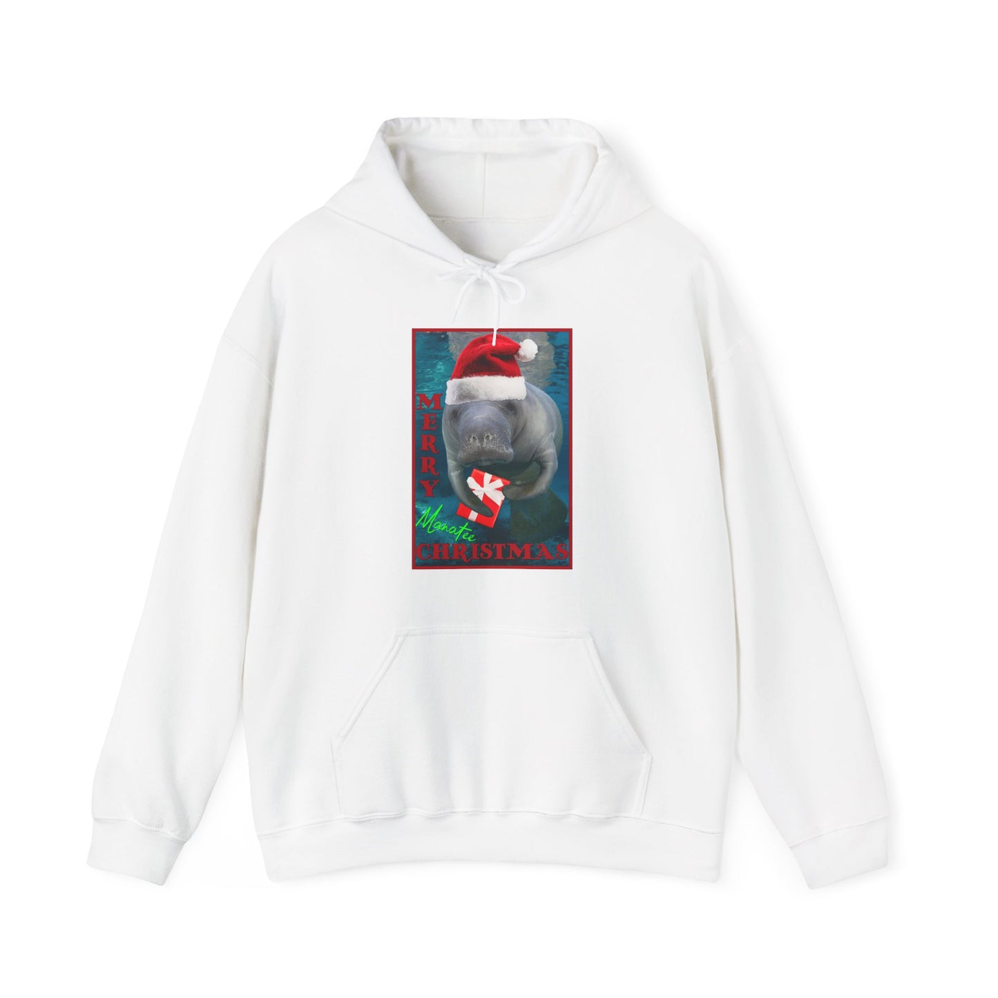 Merry Christmas Manatee Hoodie, white hoodie front