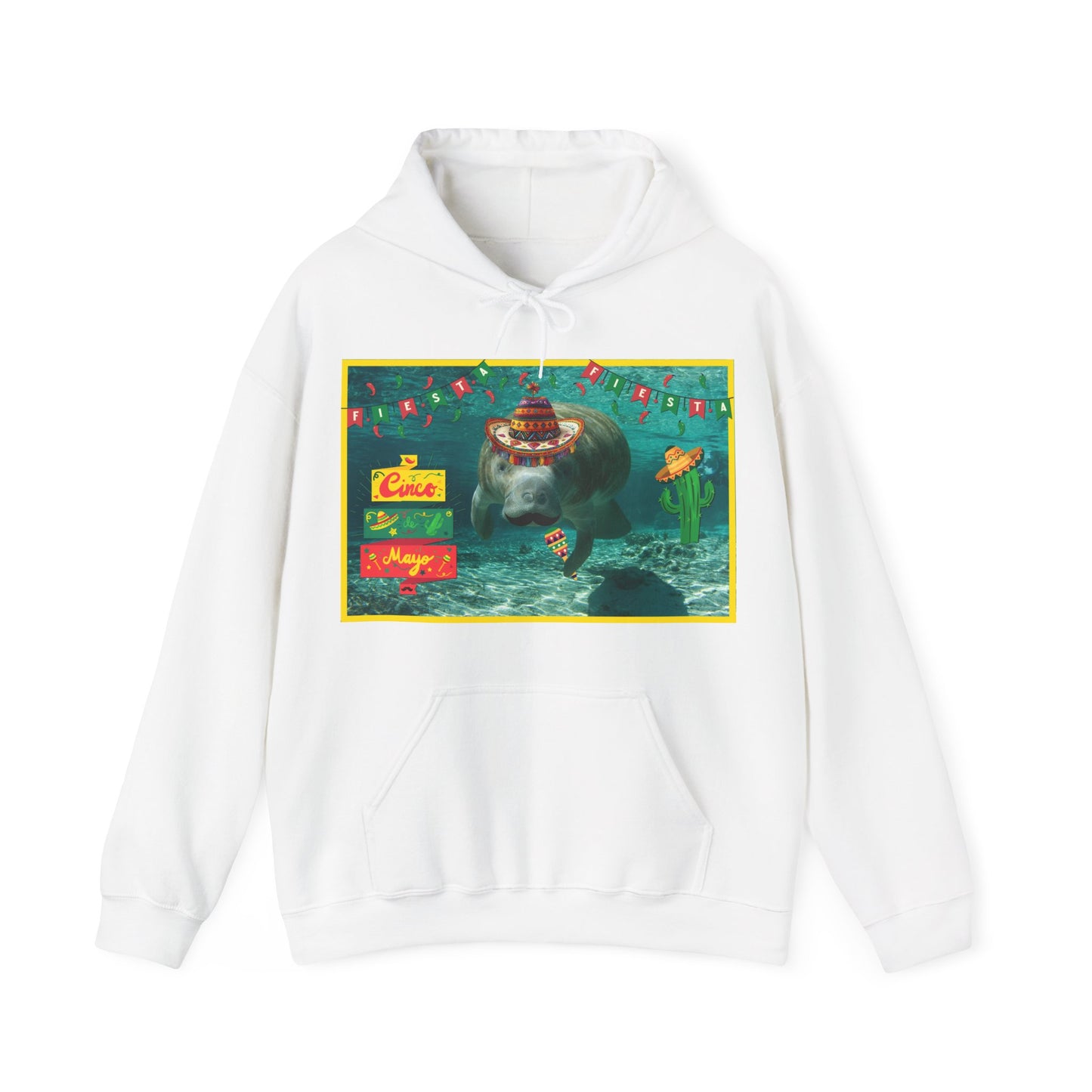 Happy Cinco de Mayo Manatee Hoodie, white hoodie front