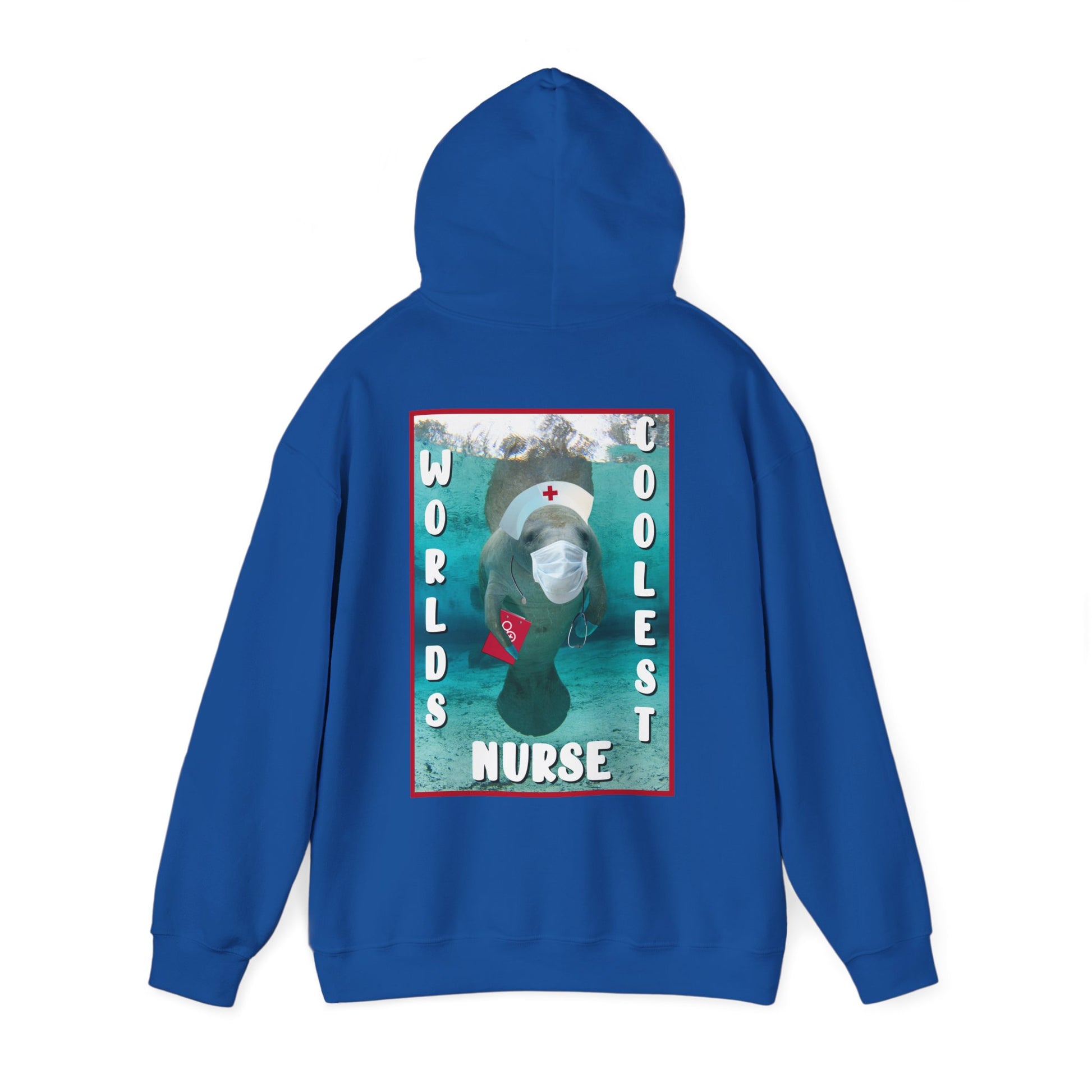 World's Coolest Nurse Manatee Hoodie, blue hoodie back