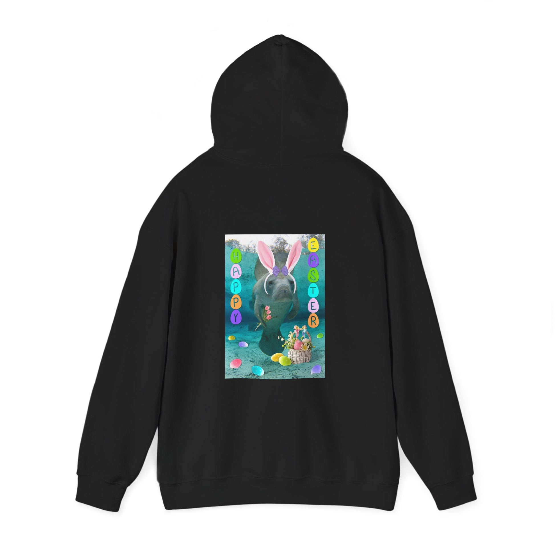 Happy Easter Manatee Hoodie, black hoodie back 2