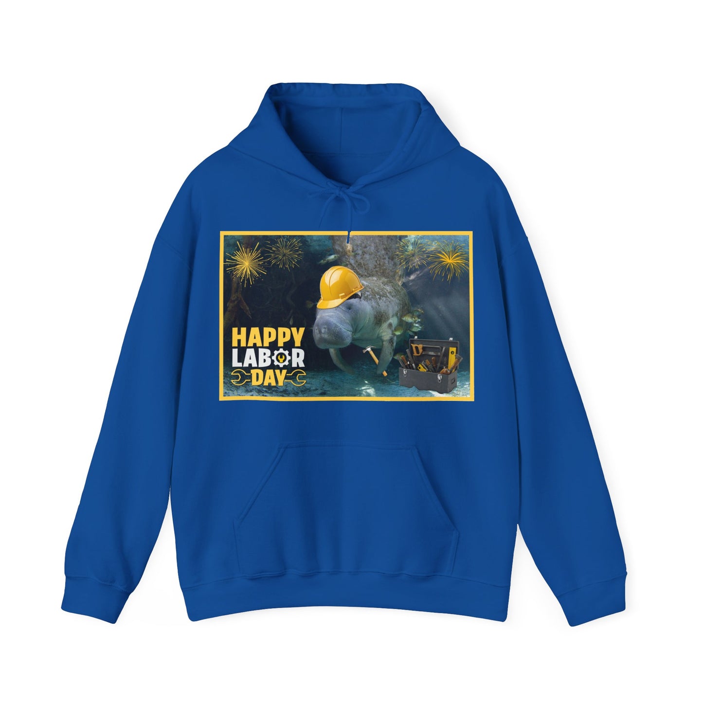 Happy Labor Day Manatee Hoodie, blue hoodie front