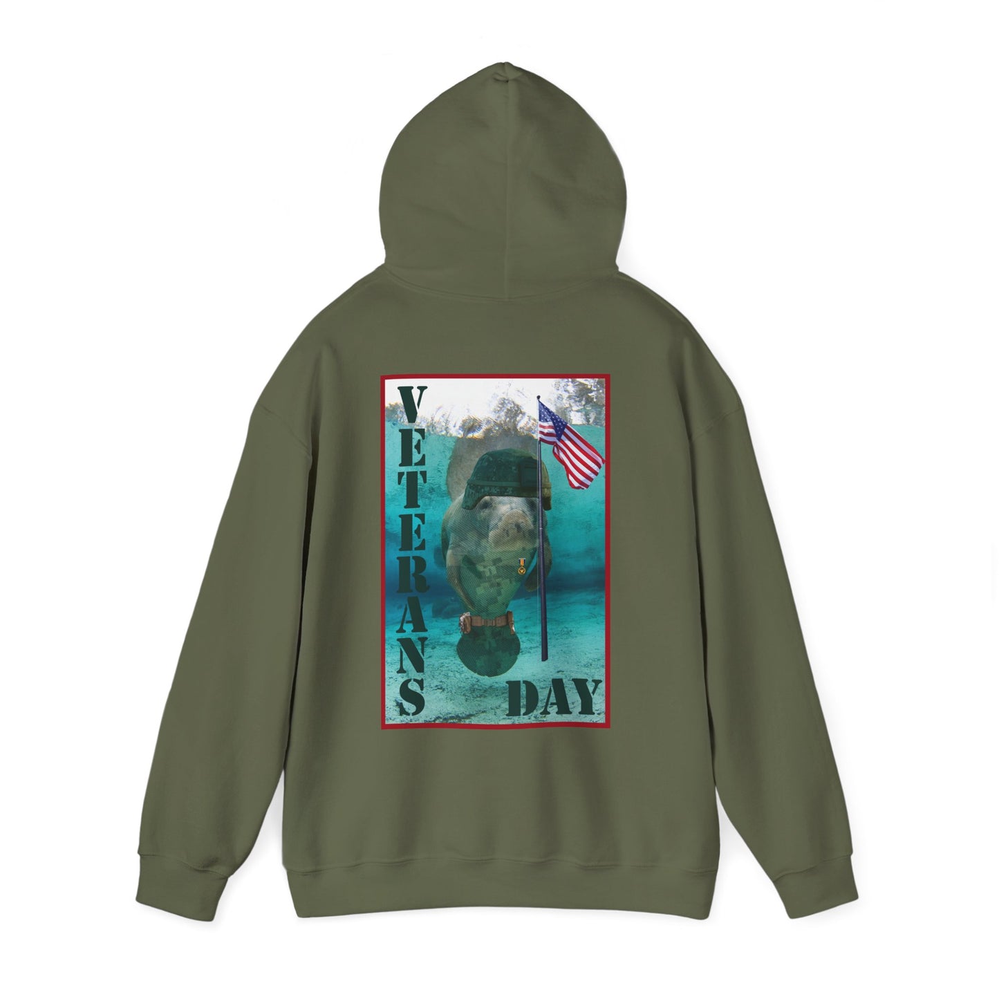 Veterans Day Manatee Hoodie, army green hoodie back