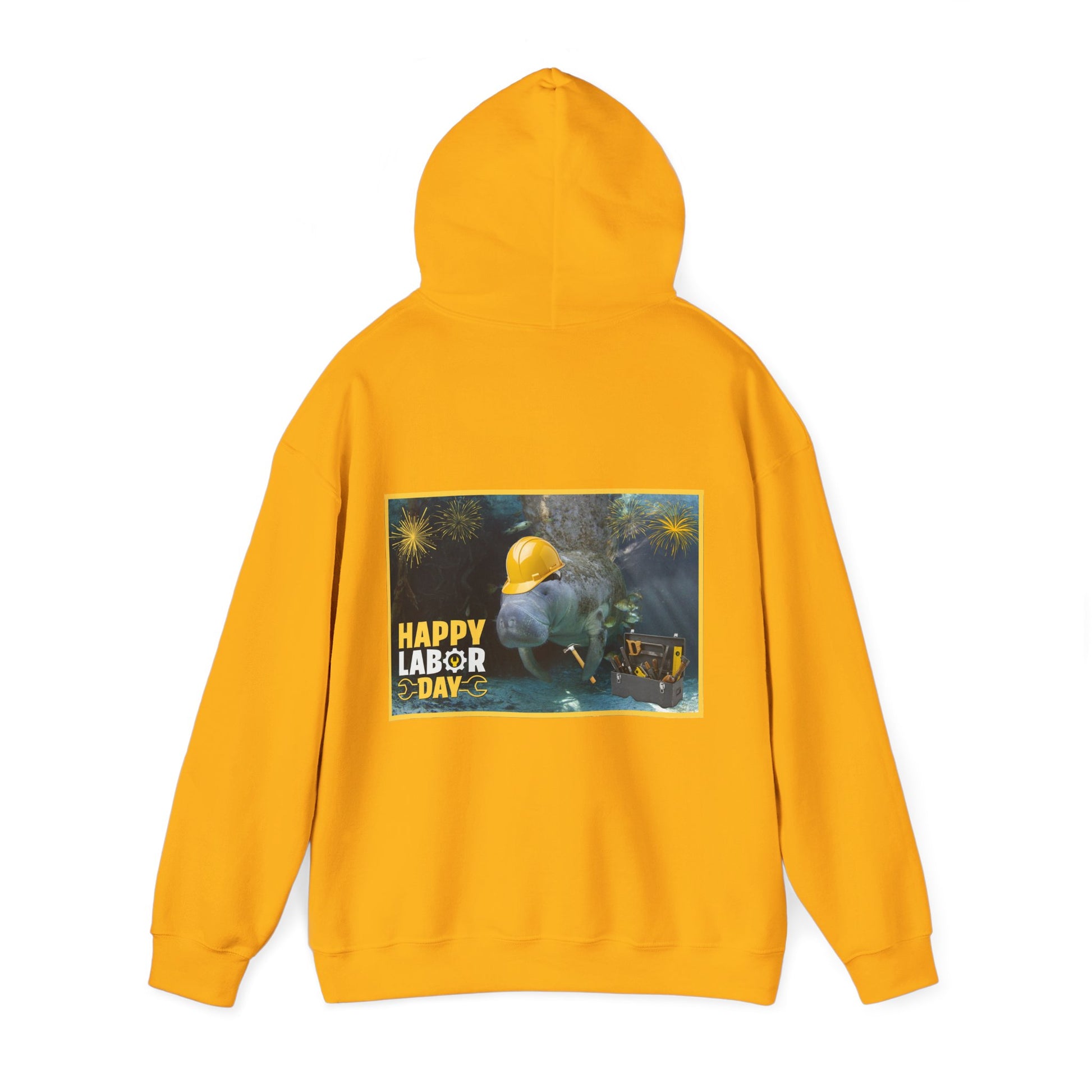Happy Labor Day Manatee Hoodie, gold hoodie back