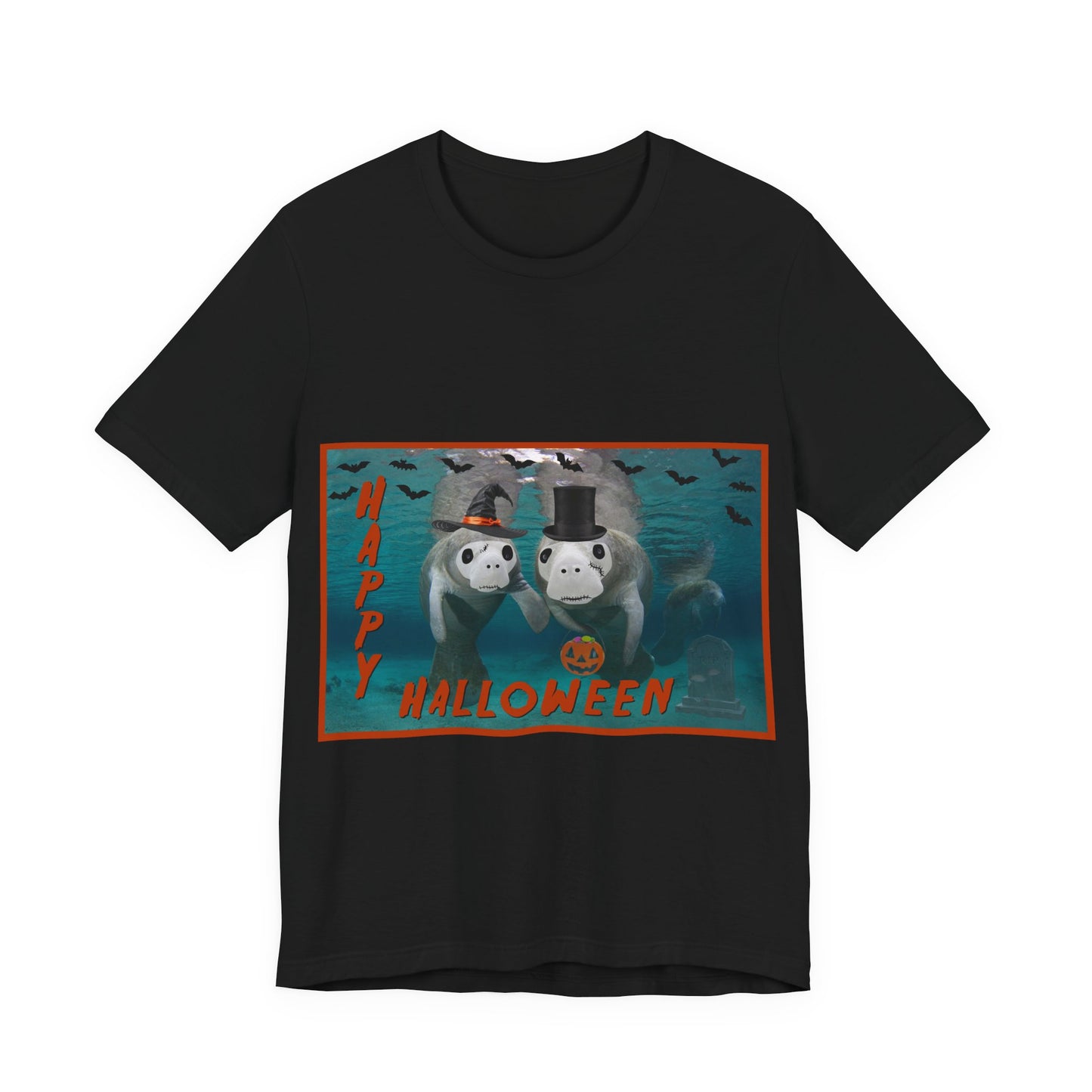 Happy Halloween Manatee Tee, black t-shirt
