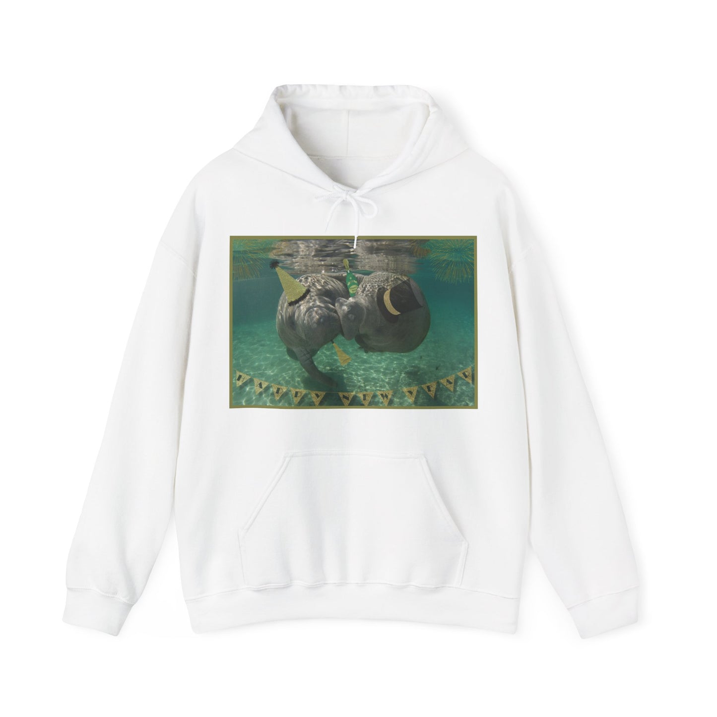 Happy New Years Manatee Hoodie, white hoodie front