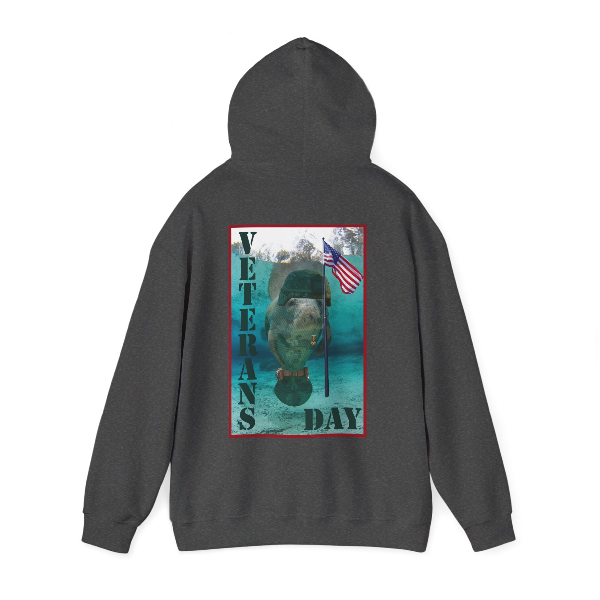Veterans Day Manatee Hoodie, grey hoodie back