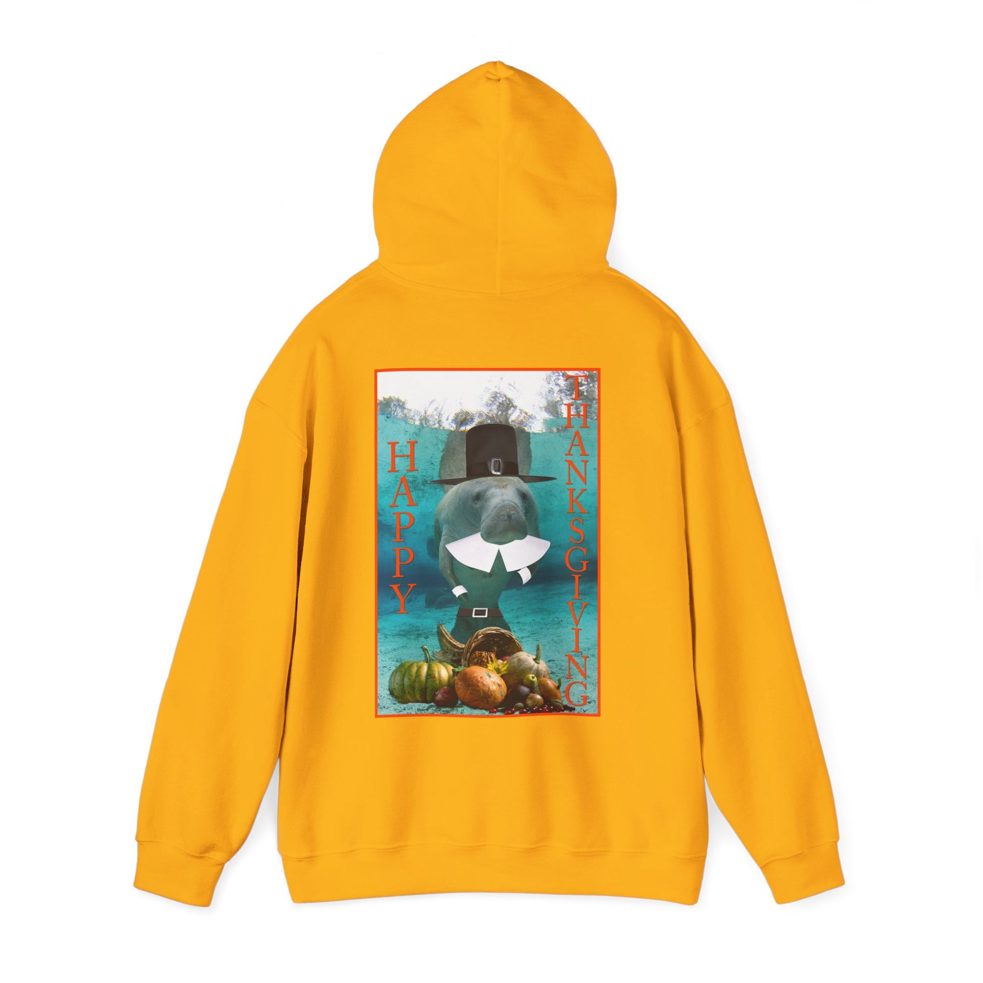 Happy Thanksgiving Manatee Hoodie, yellow hoodie back