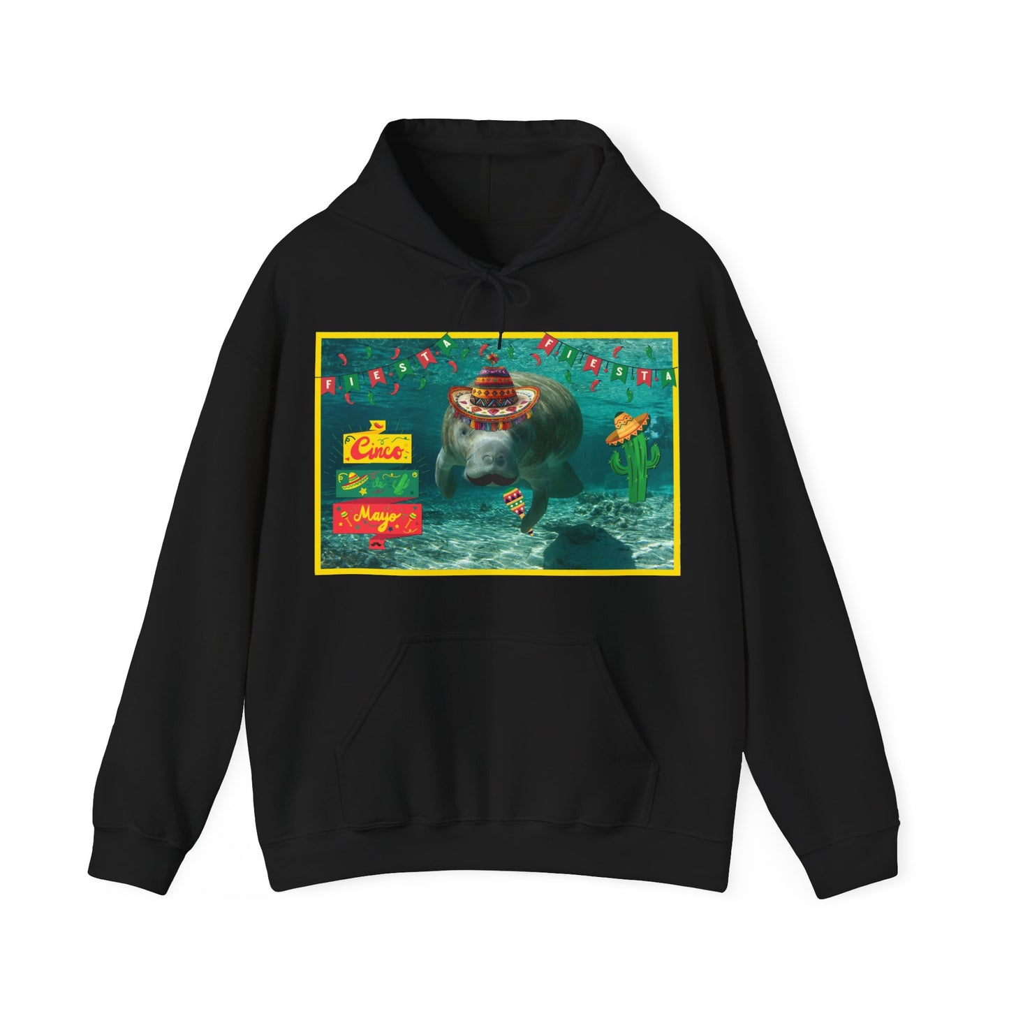 Happy Cinco de Mayo Manatee Hoodie, black hoodie front