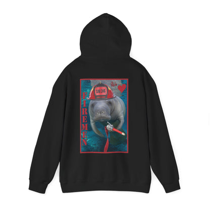 Fireman Manatee Hoodie, black hoodie back