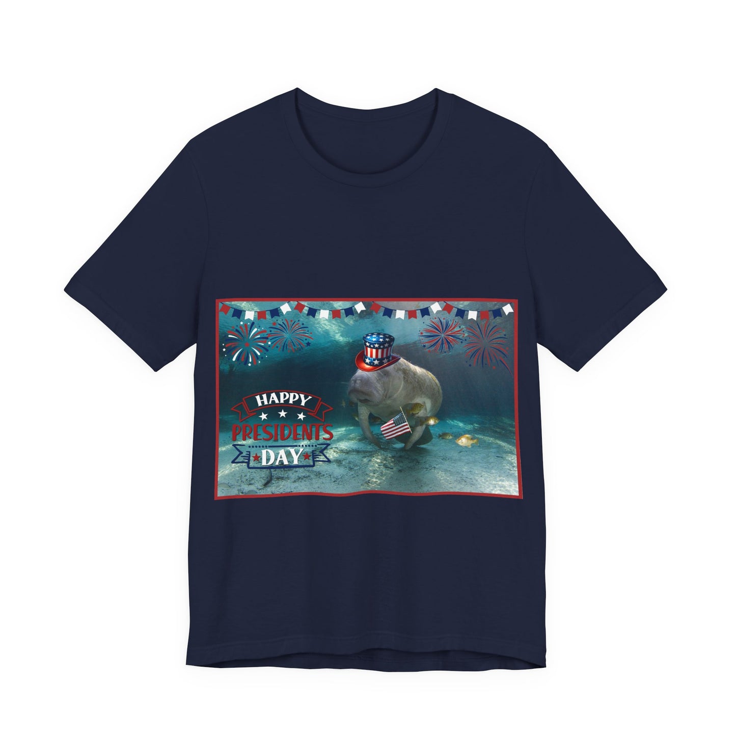 Happy Presidents' Day Manatee Tee, navy t-shirt