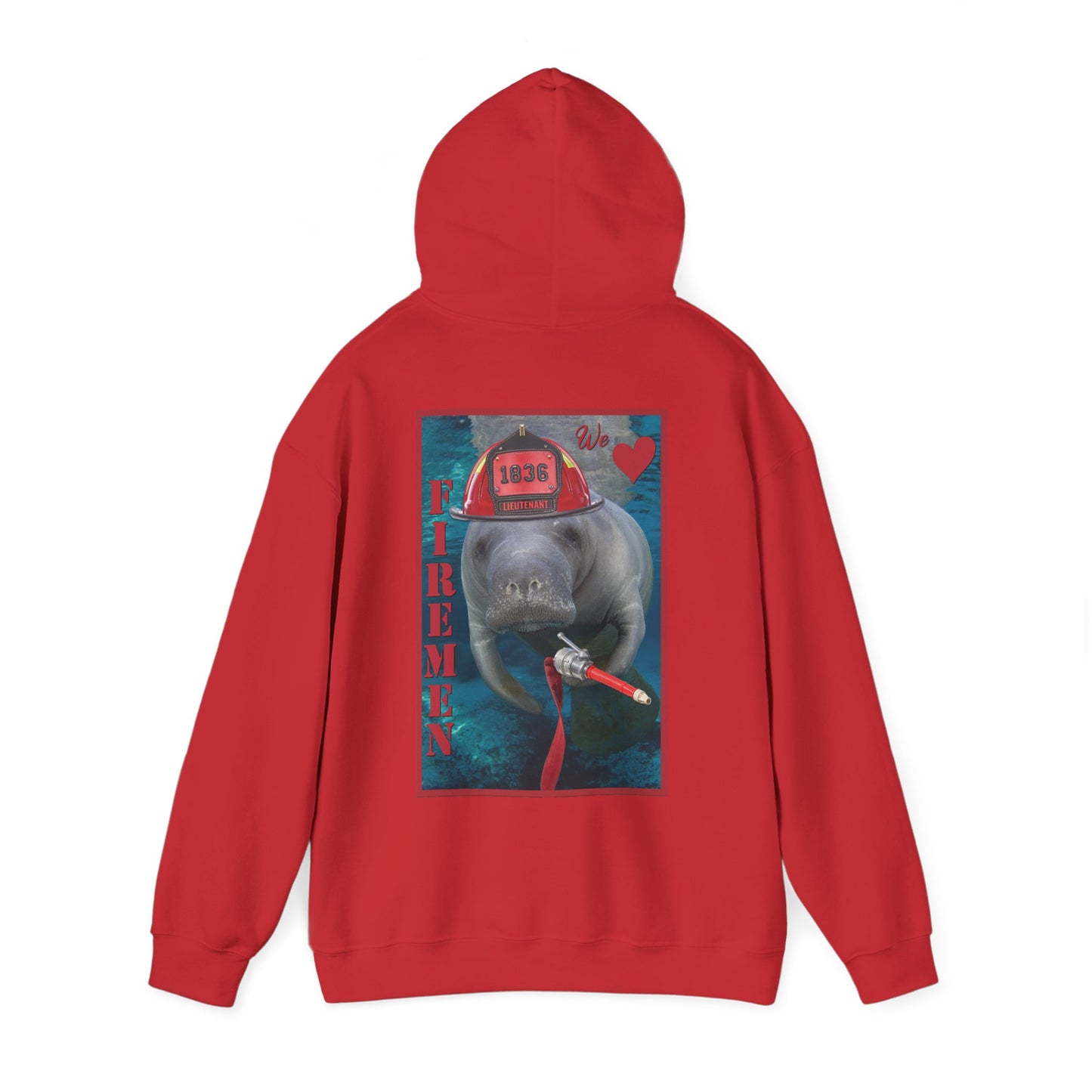 Fireman Manatee Hoodie, red hoodie back