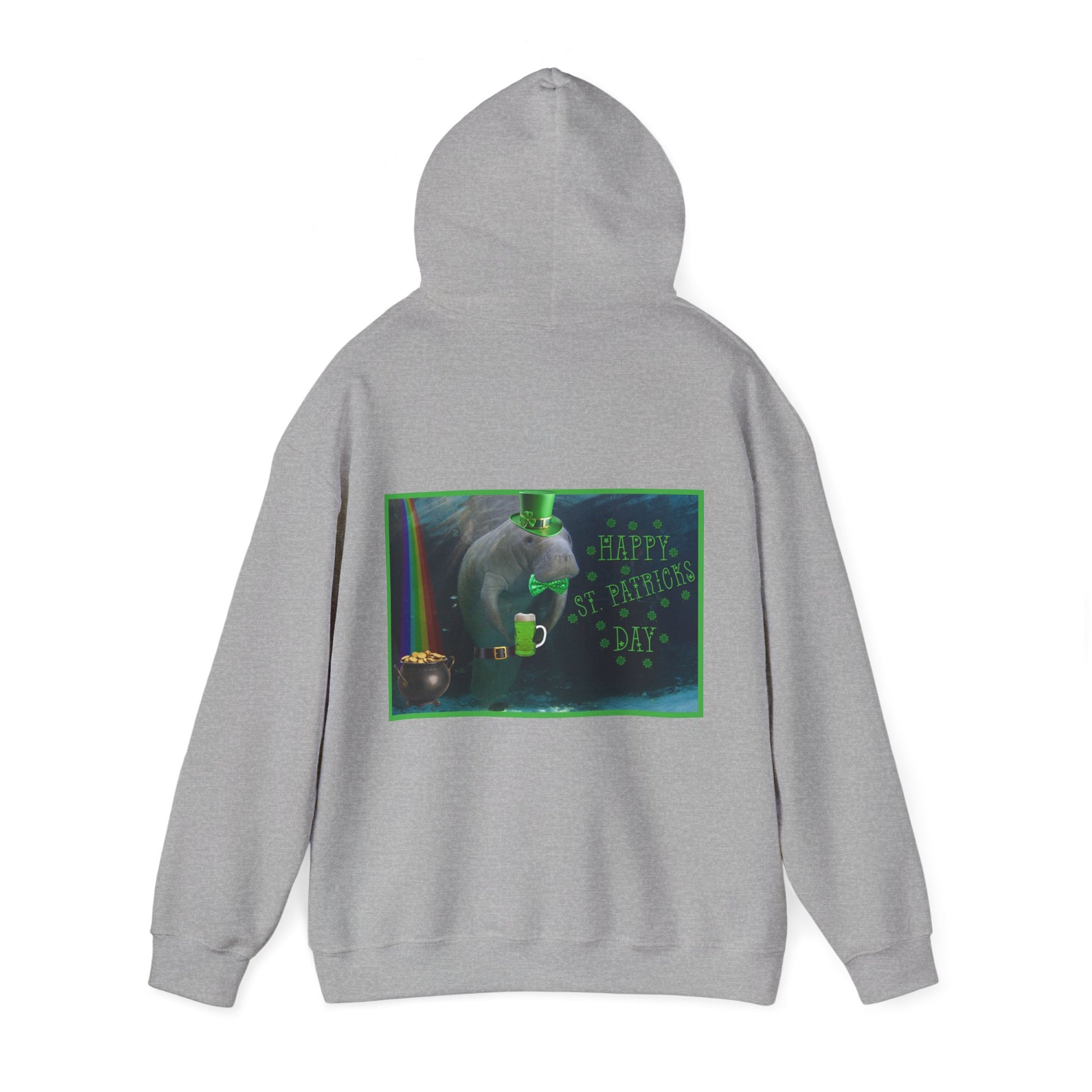 Happy St. Patrick's Day Manatee Hoodie, grey hoodie back