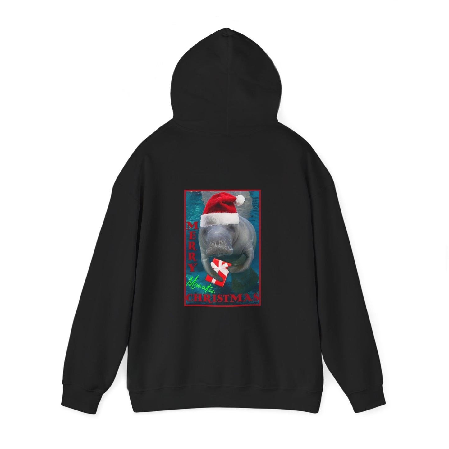 Merry Christmas Manatee Hoodie, black hoodie back
