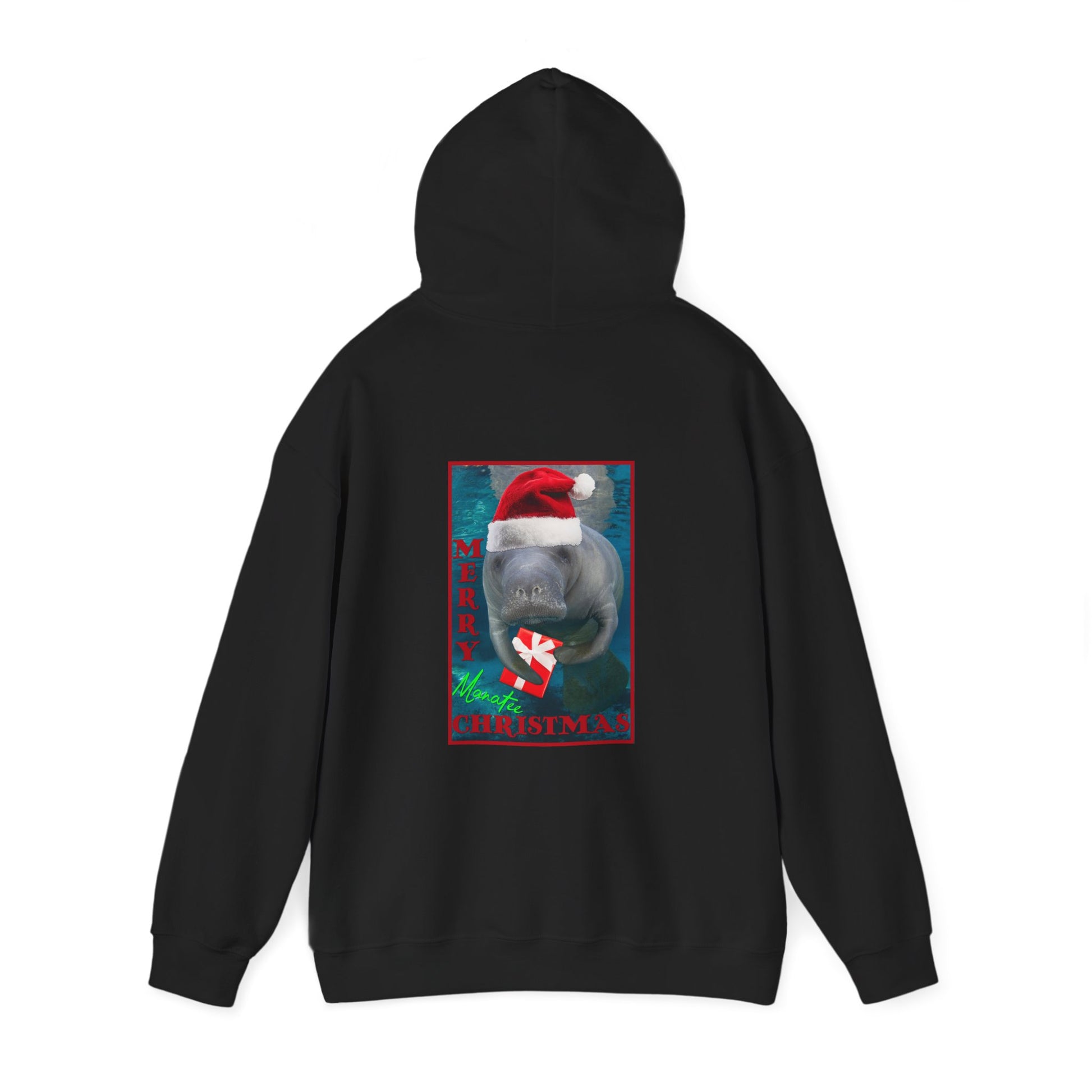 Merry Christmas Manatee Hoodie, black hoodie back