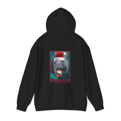 Merry Christmas Manatee Hoodie, black hoodie back