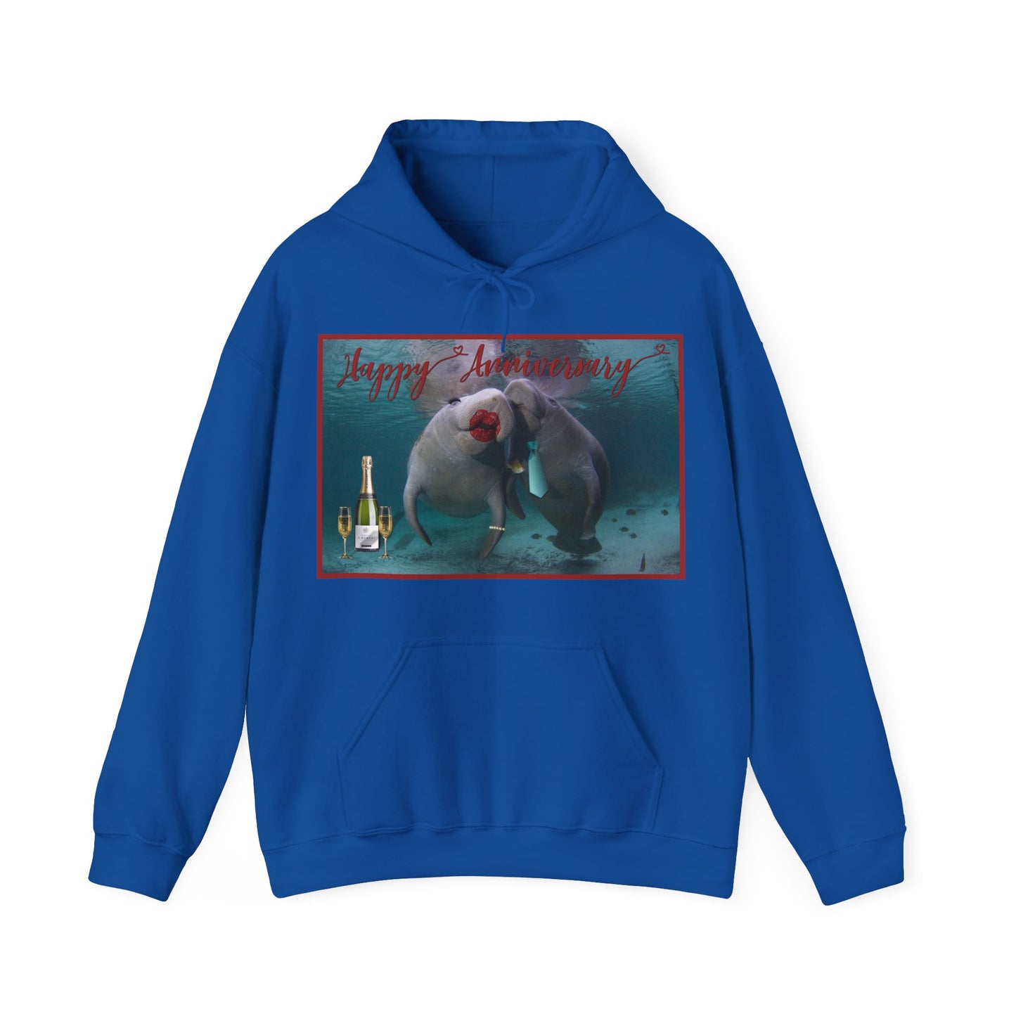 Happy Anniversary Manatee Hoodie, blue hoodie front